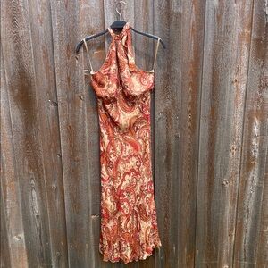 Beaded Paisley Halter Neck Maxi Dress - Orange Red and Gold
